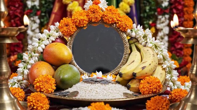 Vibrant close-up of traditional kanni arrangement with fruits, rice, and kuthuvilakku lamps, celebrating puthandu, the tamil new year.