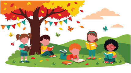 Obraz premium Children reading books under autumn tree in park with falling leaves.