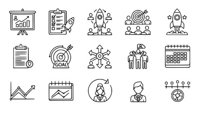 Fototapeta premium Startup and Project Workflow Outline Icons Editable Stroke Vector Collection