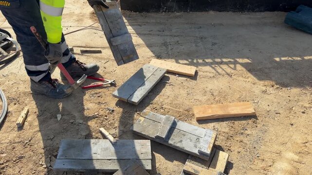 Construction worker using hammer to dismantle wooden formwork on a sunny day
