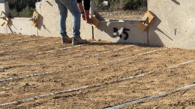 Construction worker inspecting rebar reinforcement for concrete slab