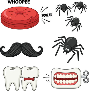 Prank items whoopee cushion fake mustache spiders and chattering teeth.