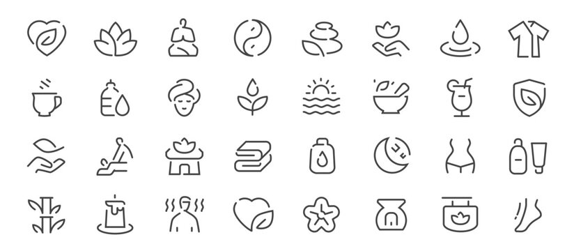 Spa and wellness line icons set. Beauty and relaxation outline vector symbols collection