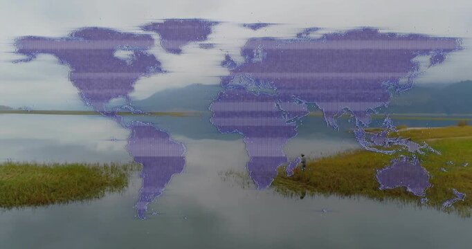Man stepping shore, purple map overlay initiating scanline mapping around man for ecology research