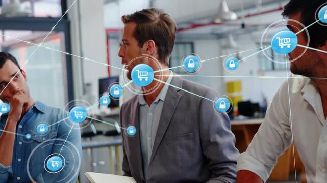 Man speaking while holding notes, sparking blue cart and lock node overlay, showing retail security