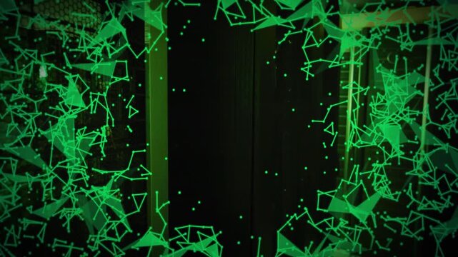 Vertical video: Expanding green overlay causing curtain parting in server aisle showing racks