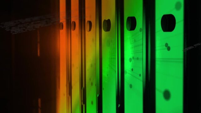 Diagonal code sliding from left causing droplets forming on green panels, visualizing tech data