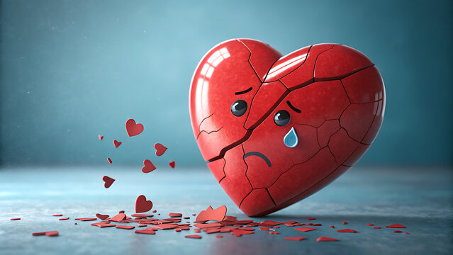 3d broken red heart with tears and scattered pieces on wet surface, emotional concept
