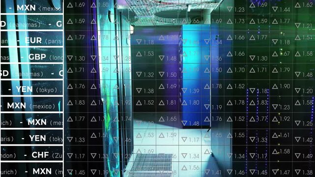 Vertical video: Updating market overlay showing FX rates over server corridor pulsing blue panel