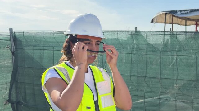 Female construction worker wearing personal protective equipment on site