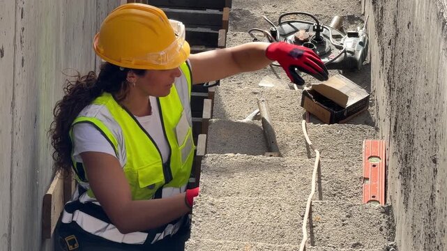 Female construction worker measuring and building concrete stairs at a construction site