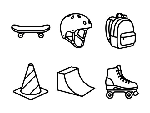 Set of six icons for extreme sports and outdoor activities with traffic cone with half pipe with roller skates with line art