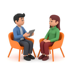 Fototapeta premium A man and woman sit in orange chairs having a conversation with a tablet