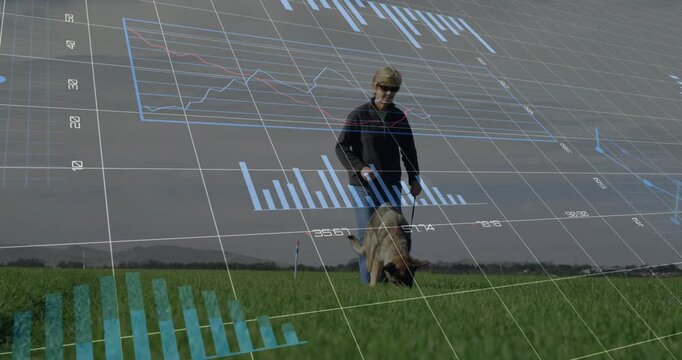 Senior woman starting from horizon walking dog for daily exercise with tech graphs overlaying scene