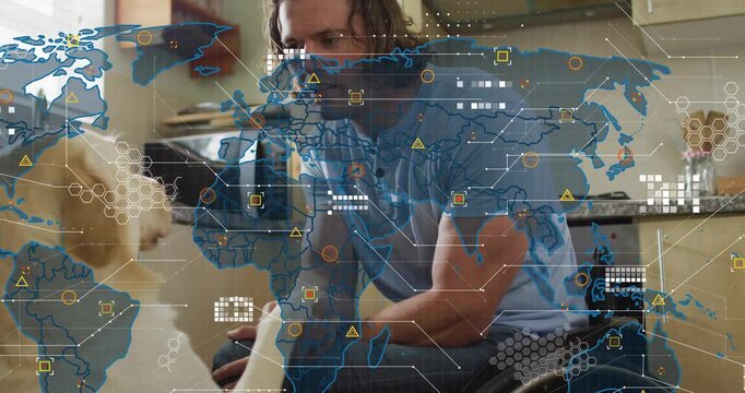 Man in wheelchair taking offered paw, holding calming paw while HUD map growing over kitchen health