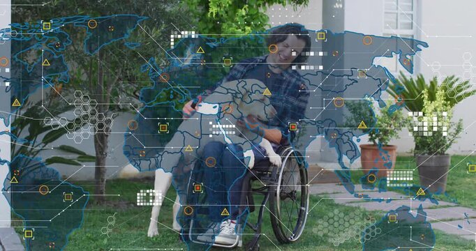 Wheelchair man lowering phone, holding dog for comfort as dog jumping into lap, tech overlay rising