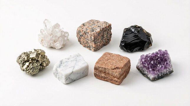 A collection of seven mineral specimens isolated on white background