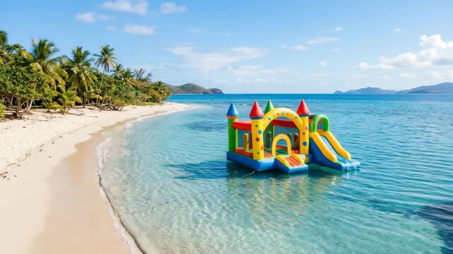 inflatable bounce castle floating at a tropical beach