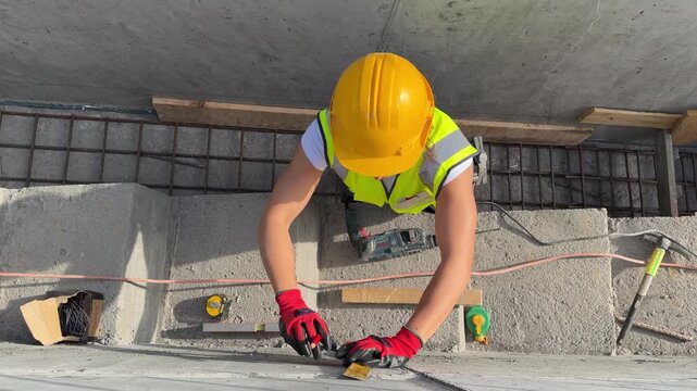 Construction worker marking a concrete floor using a spirit level