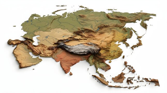 Detailed 3d relief map of asia, showcasing diverse topography with mountains and plains, captured in a high-angle studio shot with earthy tones on white.