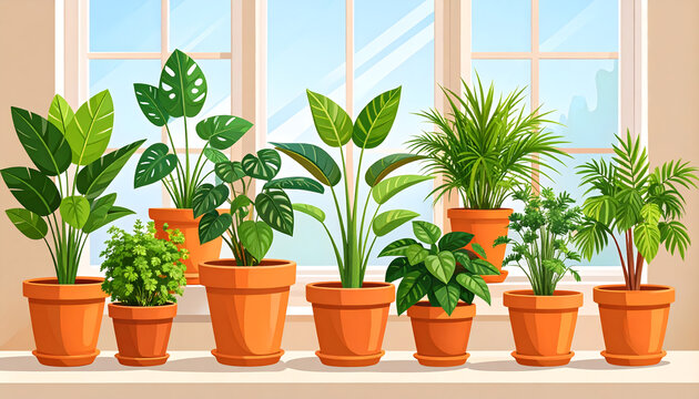 Graphic row of terracotta pots with indoor plants like spider plant pothos and rubber tree in clean minimalist generative AI
