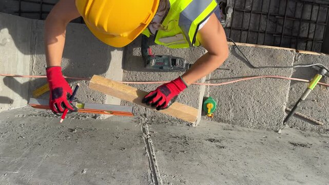 Construction worker marking a concrete floor using a spirit level