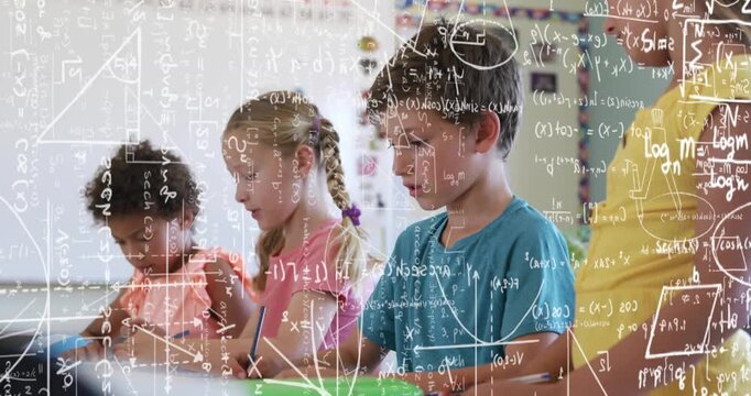Pupils writing in school class while teacher moving, math overlay showing as boy responding smiling