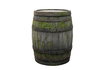 Obraz premium Old wooden barrel covered in green moss, cracked textured wood, rustic vintage whiskey cask, isolated on transparent background