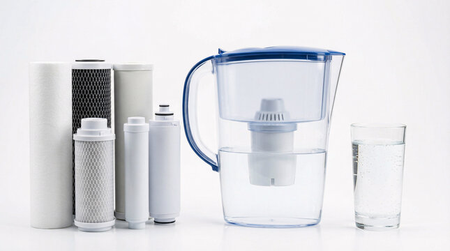 Water filter pitcher with replacement filters isolated on white background