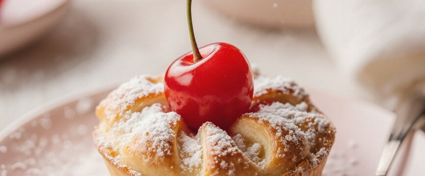 Closeup shot of a sweet pastry topped with a single cherry