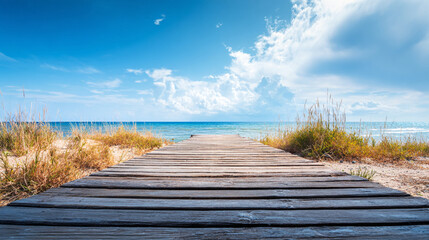 Fototapeta premium Wooden pathway leads to the ocean horizon under a bright blue sky with clouds