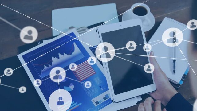 Female hands holding tablet, tapping screen, mapping user network over analytics report