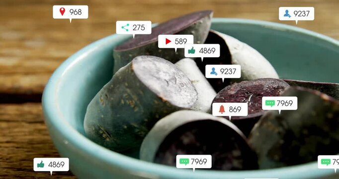 Light blue bowl with purple tubers receiving left alerts with counters, showing food marketing