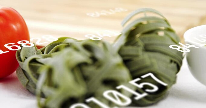 Camera pushing in racking focus, numbers scrolling diagonally, pasta gaining focus for food styling