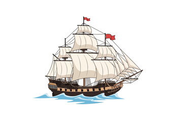 Naklejka premium A cartoon illustration of a brown multimasted sailing ship with white sails on blue waves