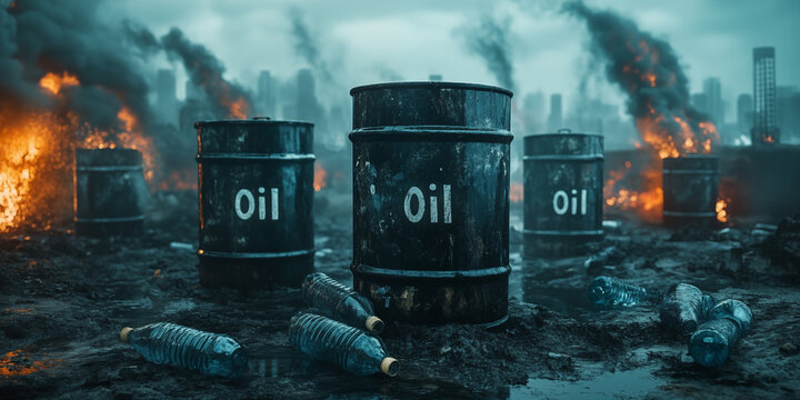 Oil crisis scarcity concept in war zone, oil barrel in a destroyed urban environment with fire and heavy smoke in the background