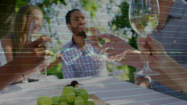 Center guest initiating toast, friends clinking glasses over fruit bowl, waveform overlaying dining