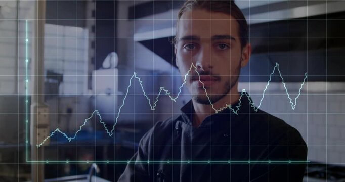 Animated waveform and faint grid appearing, male chef uncrossing, squaring and showing kitchen data