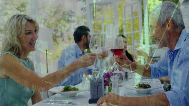 Pair raising wine glasses toasting with animated charts marking glasses overlaying frame for food