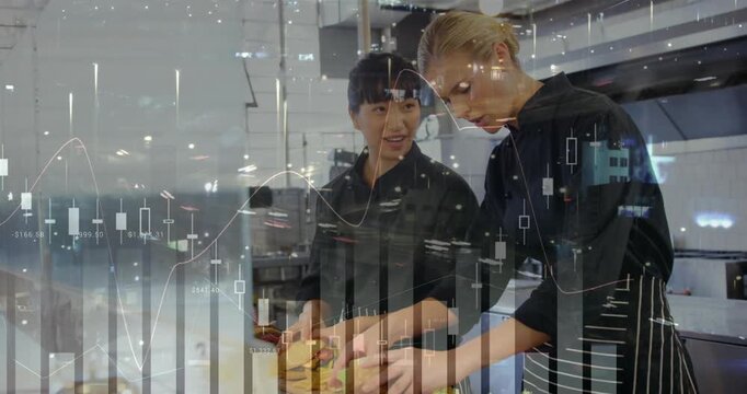 Chef demonstrating knifework, trainee practicing cutting during prep with finance charts overlaying