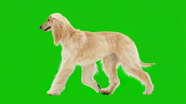 Afghan Hound dog walking on a green screen background for vfx projects