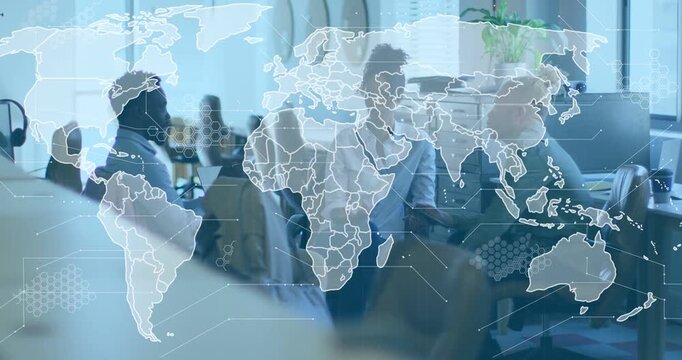 Business team discussing work woman leading man pointing tablet causing world map overlay expanding