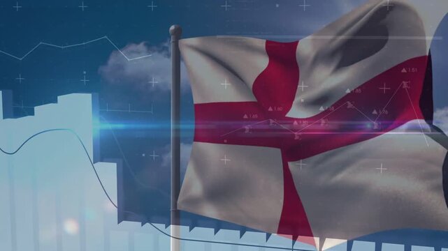White flag bearing red cross fluttering in breeze as camera panning, charts animating business data