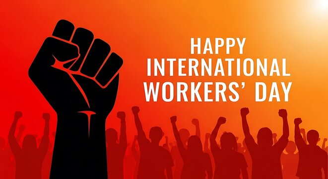 A powerful silhouette of a raised fist symbolizing solidarity during international workers day celebration event illustration