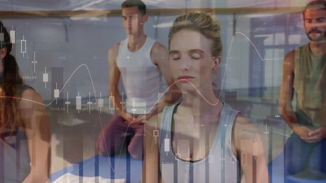 Central woman meditating left woman moving in group holding still finance charts appearing inert