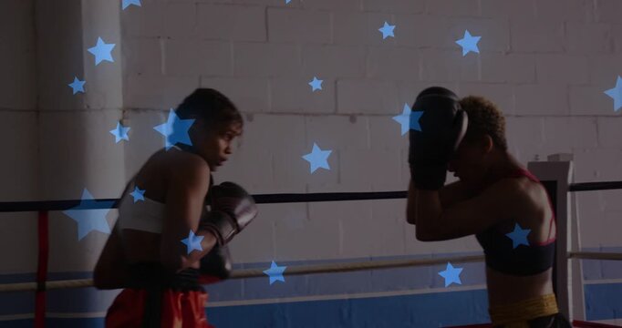 Left boxer moving landing body shot forcing right boxer to ring ropes blue star obscuring fighters