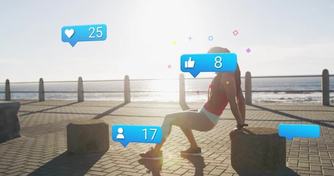 Woman performing dips on bollards, social bubbles appearing over her, likes rising while settling