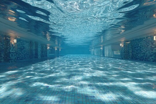 Underwater Perspective of a Serene Indoor Pool with Blue Tiles and Light