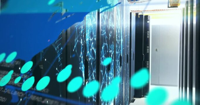 Server cabinets lining data center corridor getting teal dots and blue swath, revealing metrics