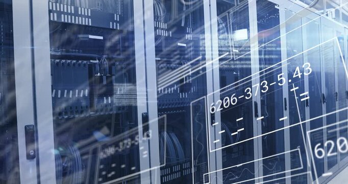Data center racks filling with HUD sliding in from right, camera panning right and updating graphs